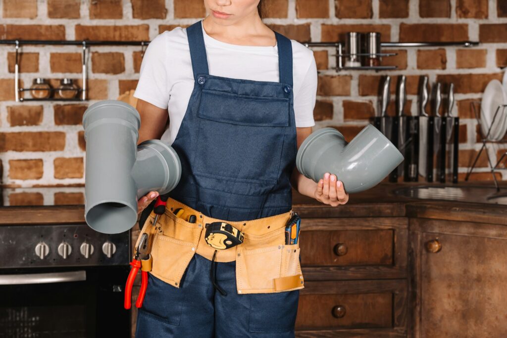 cropped shot of female plumber with plastic pipes at kitchen