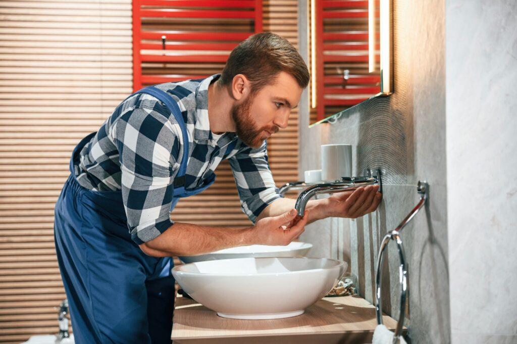 Plumber in blue uniform is at work in the bathroom